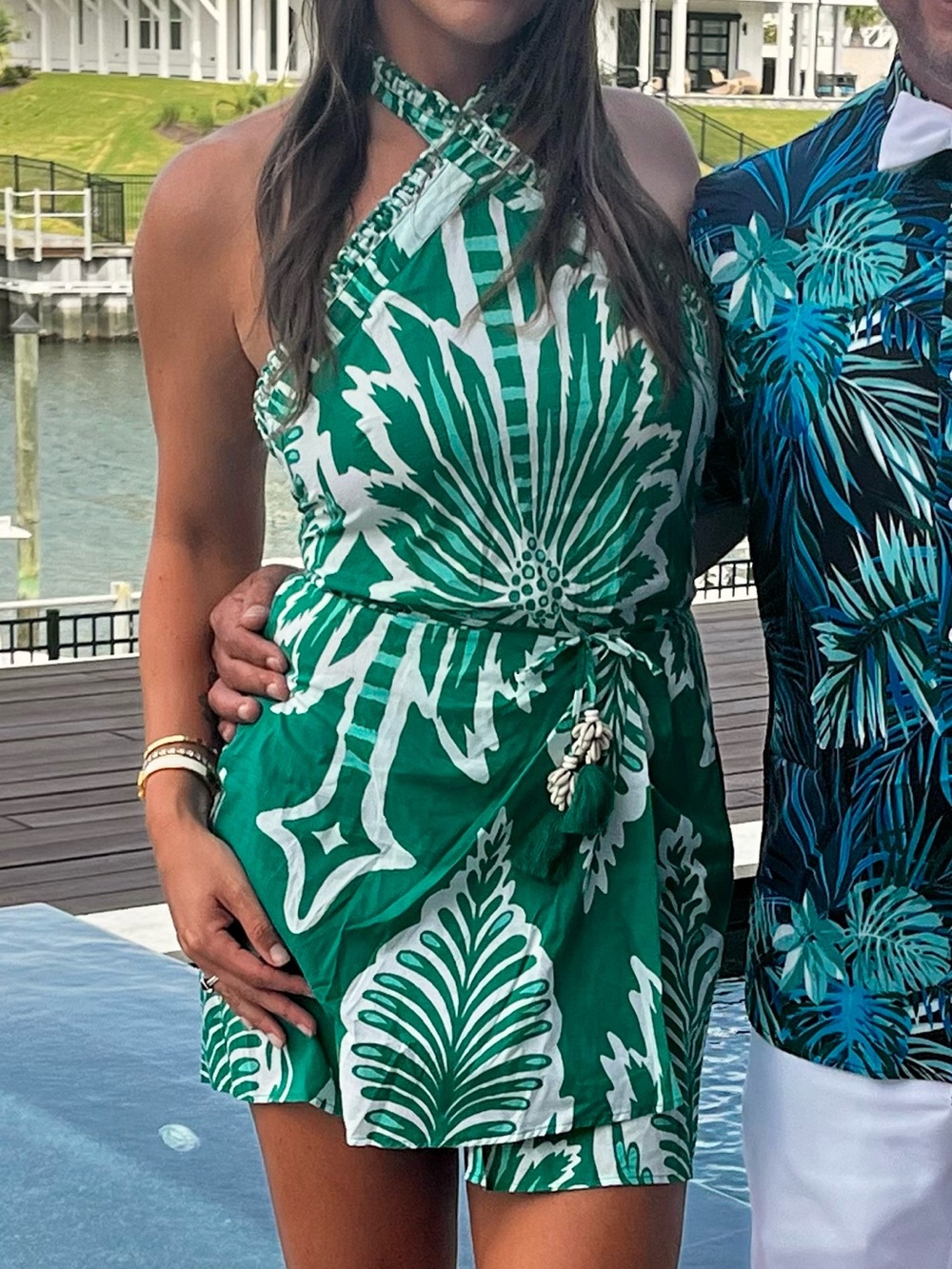 Poupette St. Barth Manon Mini Dress Green and White Tropical Halter